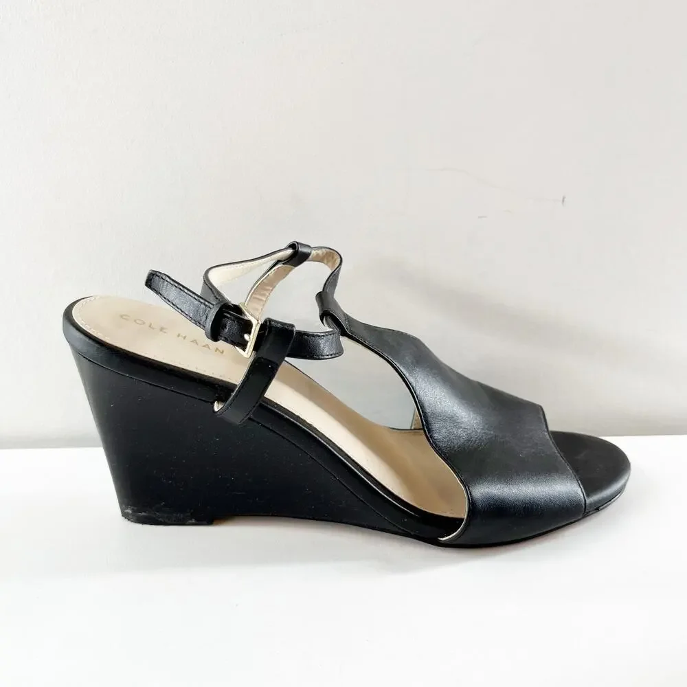 Cole Haan Maddie Open Toe Wedge Leather Shoes Sandals Black 9.5